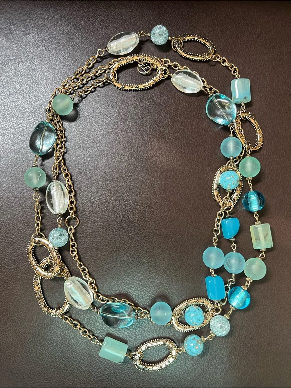 Erica Lyons Necklace Multi-layered Gold-Tone Chain with Blue Aqua Beads 36”